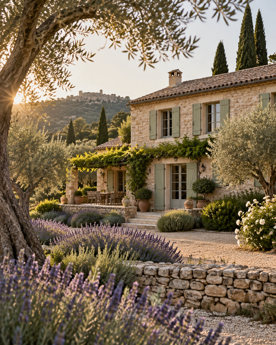 A restored stone farmhouse with a terracotta roof, surrounded by olive trees and lavender